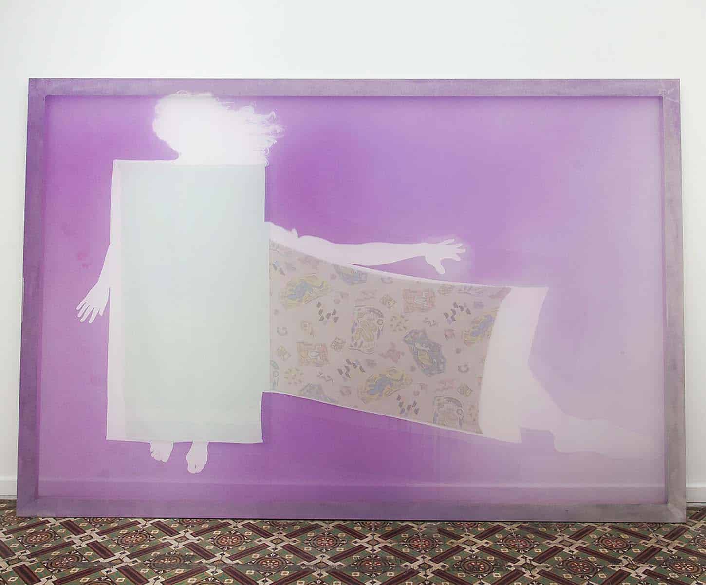 • La galeriePrécipitéTom Giampieri et Amandine Guruceaga19 janvier - 10 mars 2018Tom Giampieri, Repos, 2018, 2x 3m, cadre aluminium, toile nylon, émulsion photosensible, deux serviettes neuves jalla vert d’eau et jaune poussin, serviette trouvée à motif.