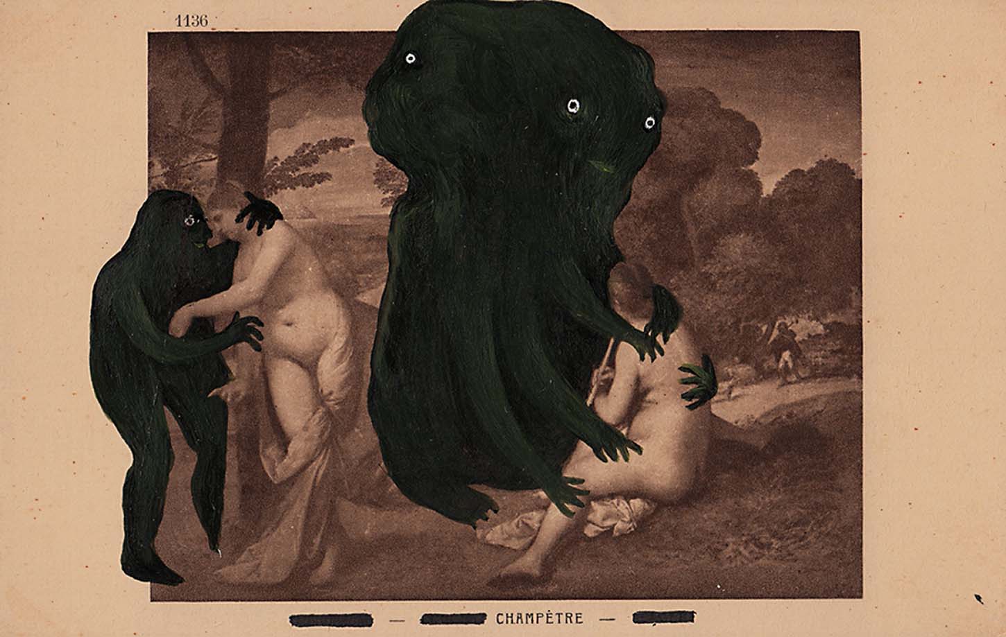 Karine Rougier, Champêtre (de la série Mille Baisers), 2018, gouache et encre sur carte postale, 10 x 15 cm