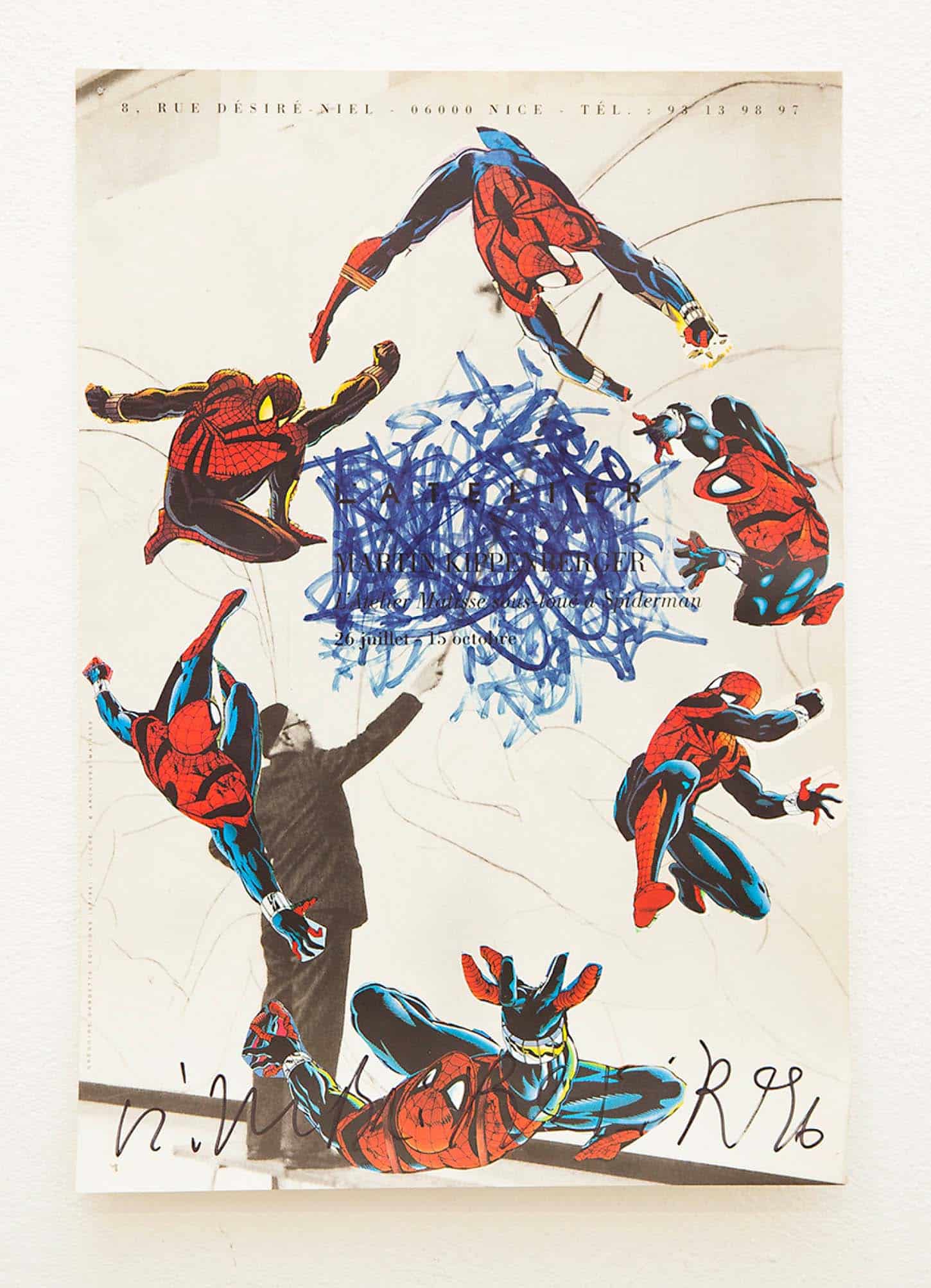 Stéphane Steiner, Sans titre, dessin au feutre sur affiche signée par Martin Kippenberger, format A4, 1996.Affiche de l'exposition :  L'atelier Matisse sous loué à Spiderman, M. Kippenburger, 26 juillet - 15 octobre 1996.